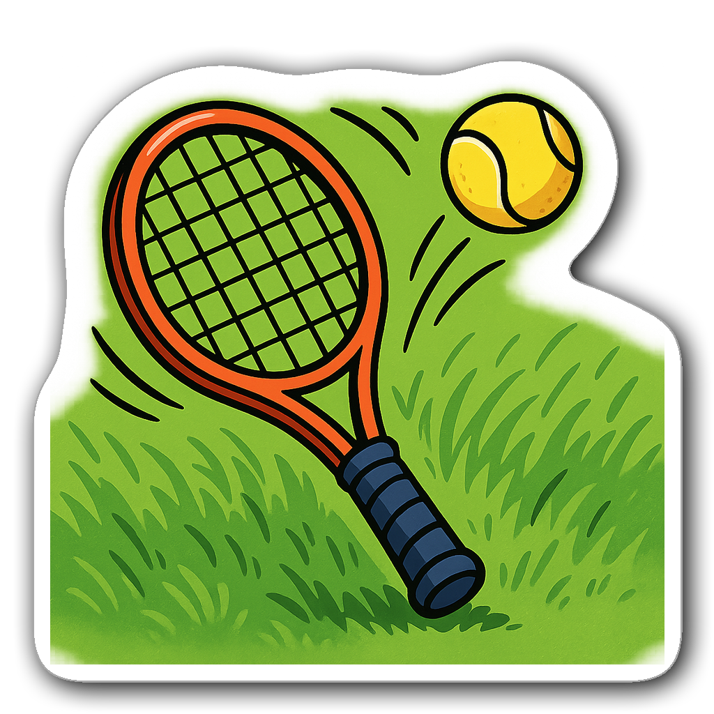 Whimsical tennis racket and ball sticker illustration