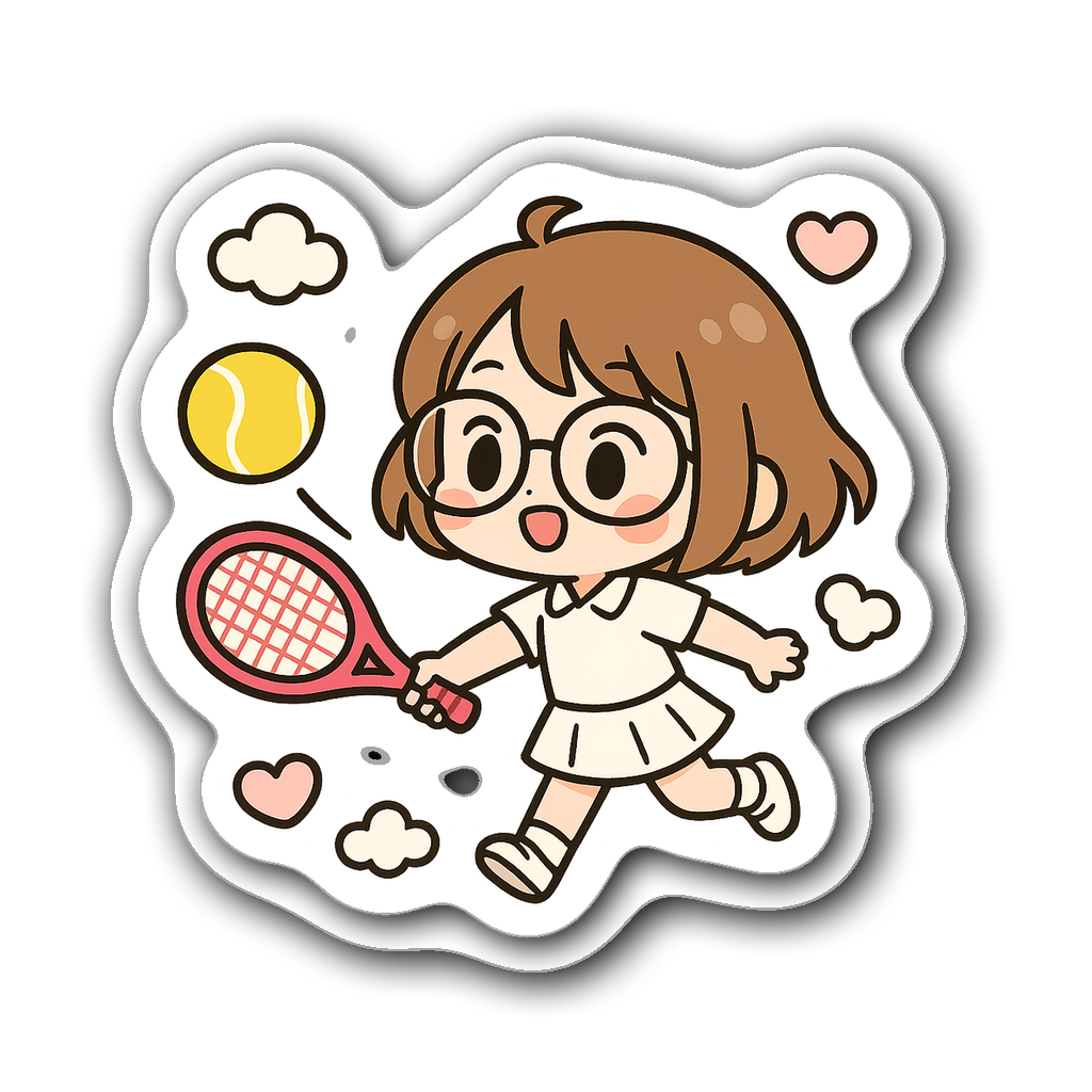 Cute chibi tennis player with oversized glasses and hearts