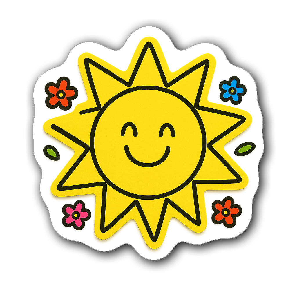Bright yellow sticky note shaped like a sun with a face.