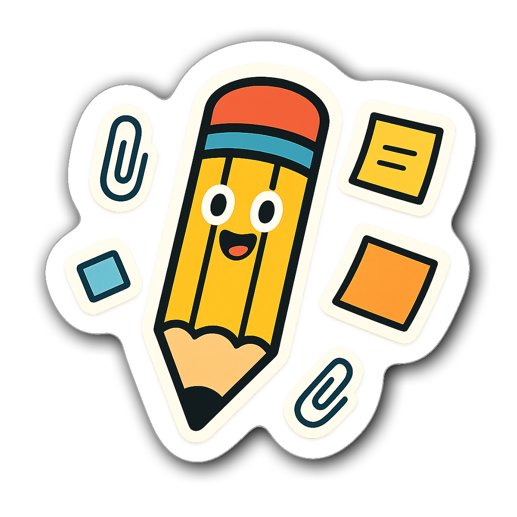 A whimsical pencil shaped sticky note in bright colors with doodles