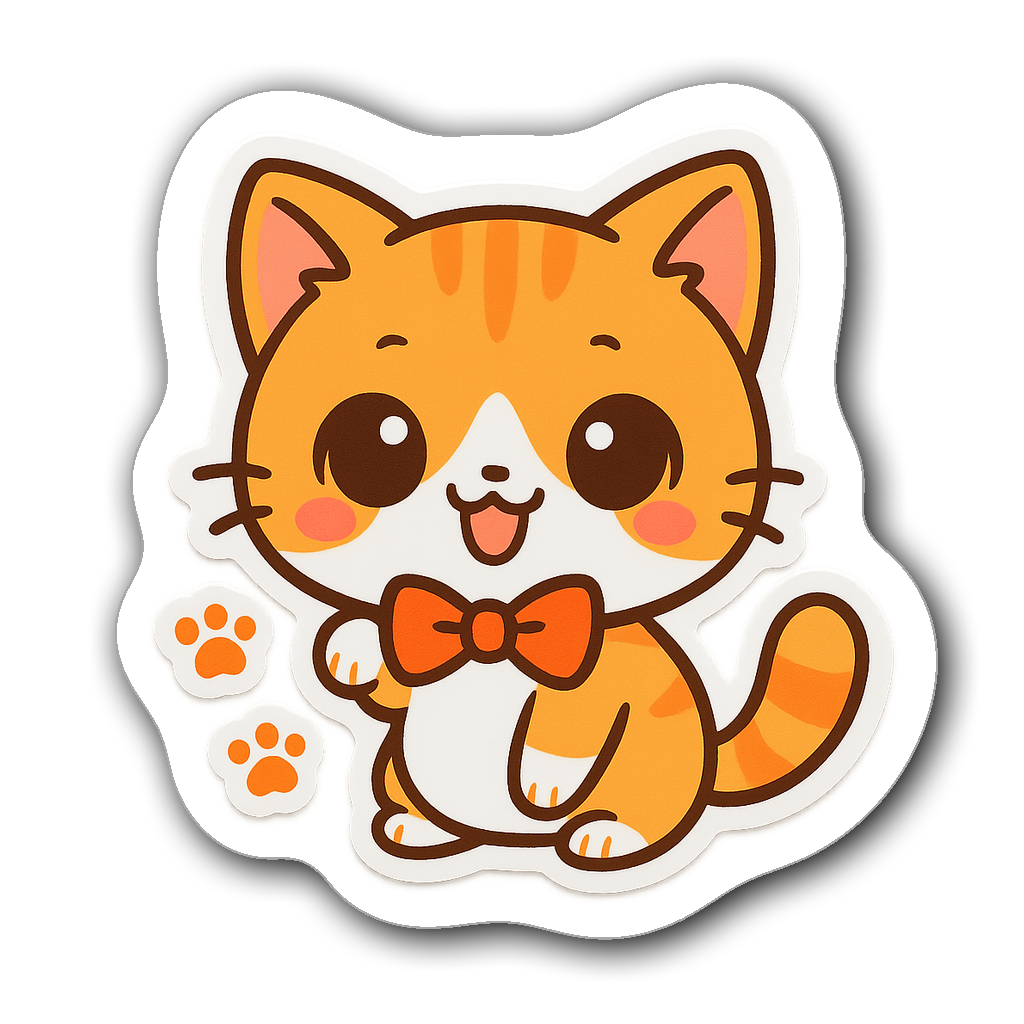 Kawaii chibi cat sticker with big eyes and bowtie