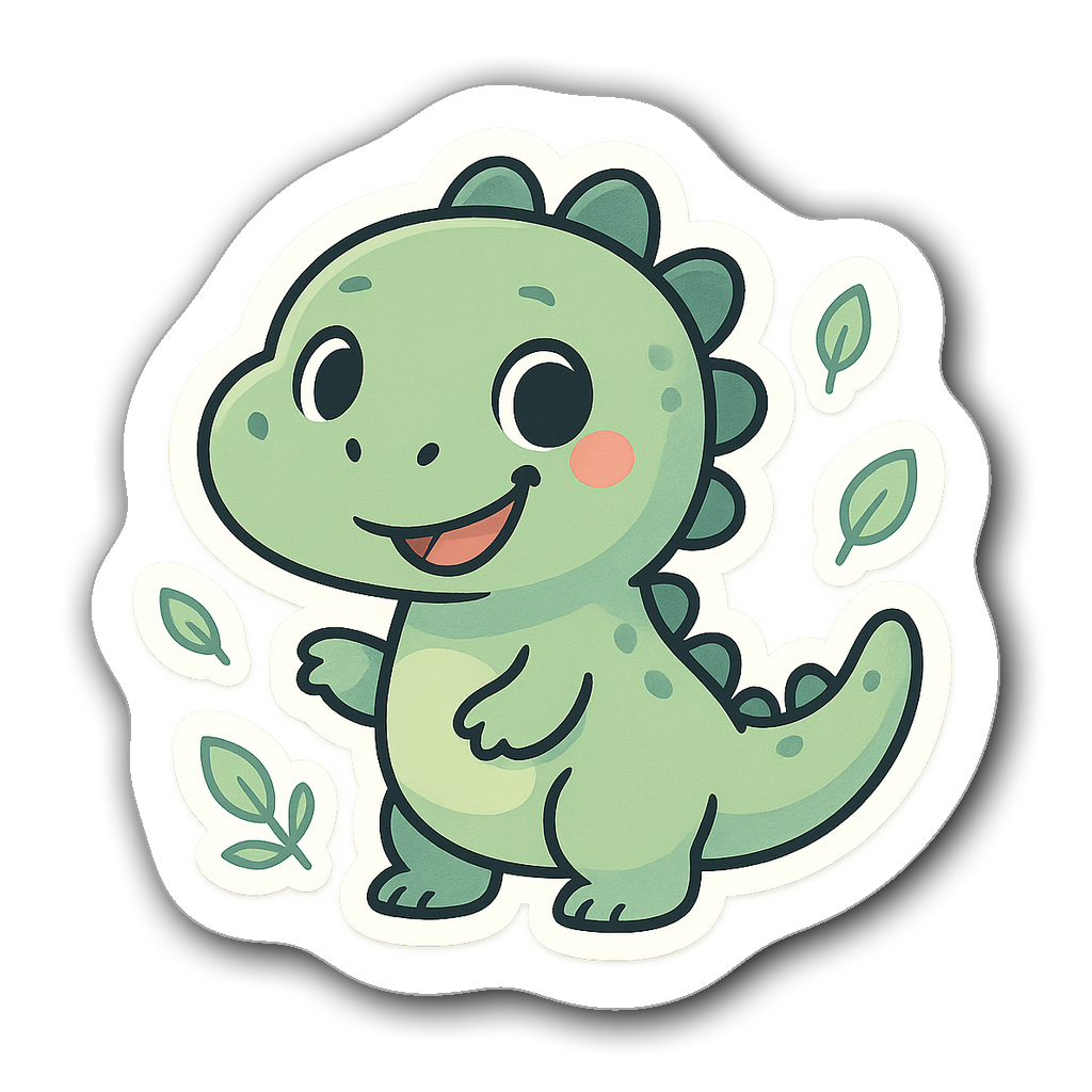 Kawaii chibi dinosaur sticker with big eyes and leaves