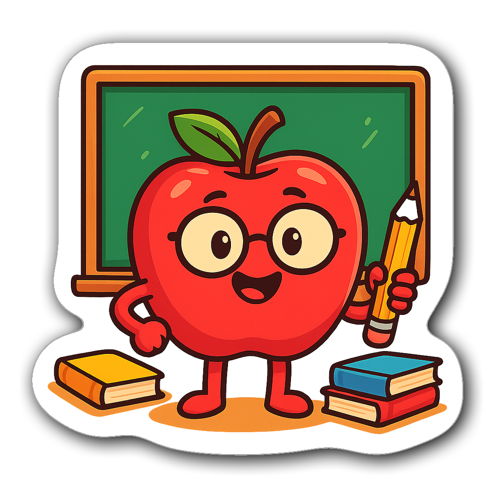 Cheerful cartoon apple sticker with glasses and pencil
