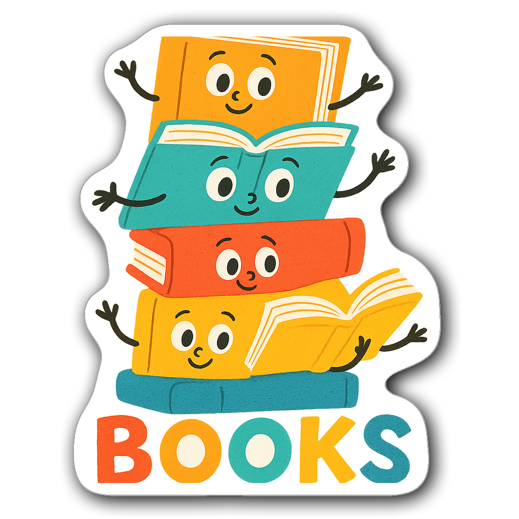 Cute stack of colorful books with animated eyes and arms