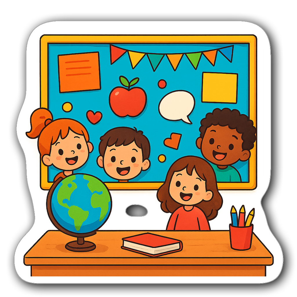Classroom scene sticker with a desk, globe, and happy children