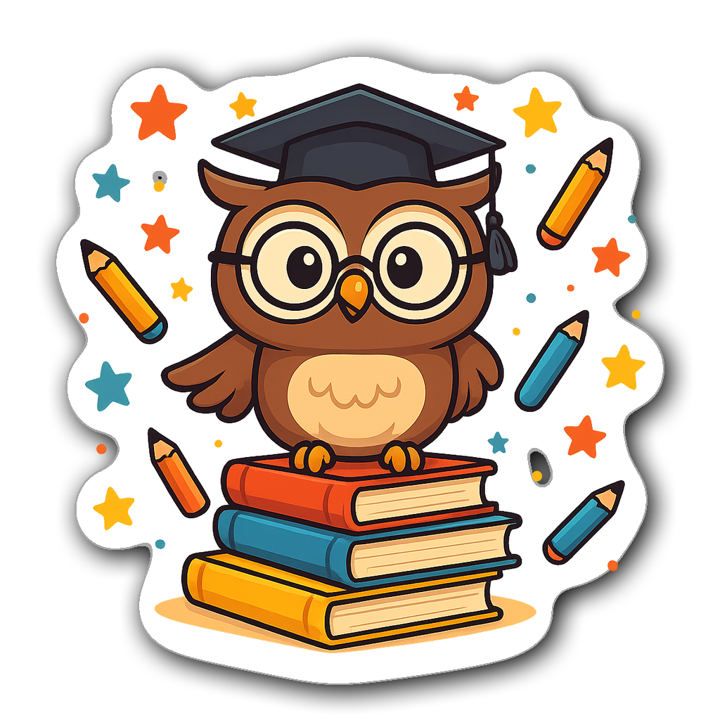 Cartoon owl with graduation cap and glasses on books