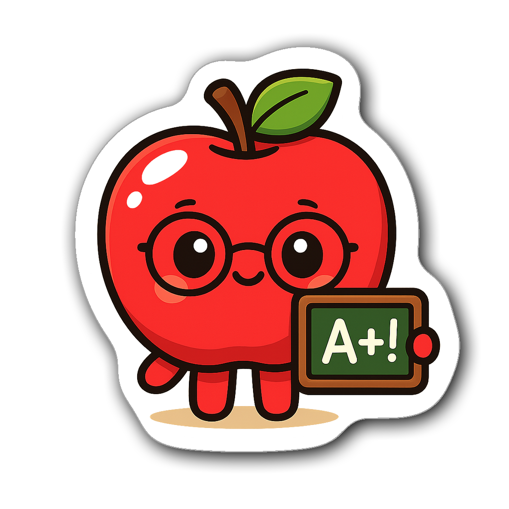 Kawaii chibi-style apple character sticker with glasses and chalkboard