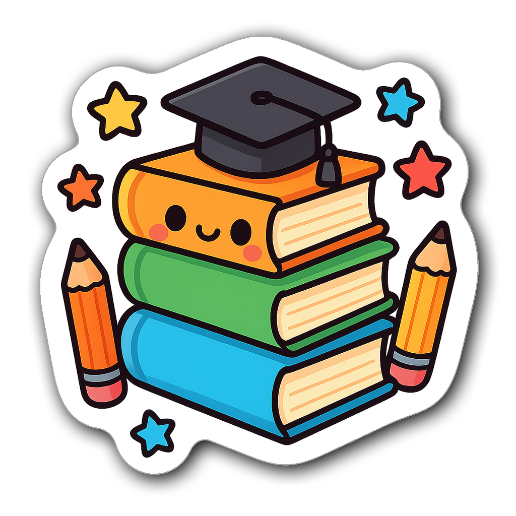 Kawaii chibi-style stack of books with happy face and graduation cap