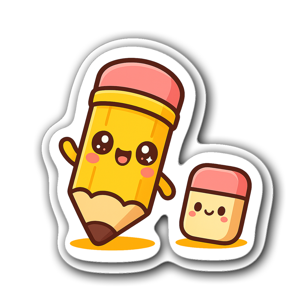 Kawaii chibi-style pencil sticker with big eyes and eraser friend