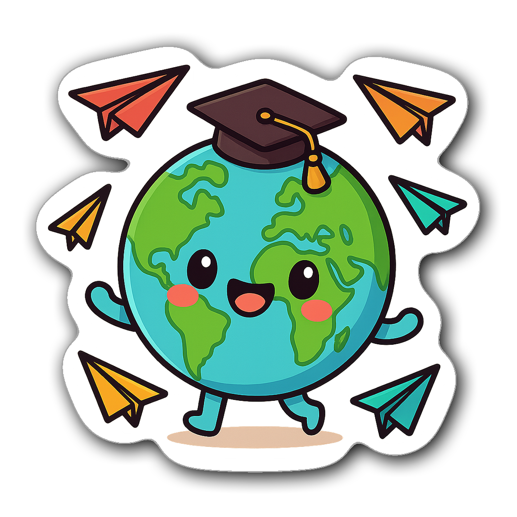 Kawaii chibi-style globe character with teacher's hat and airplanes