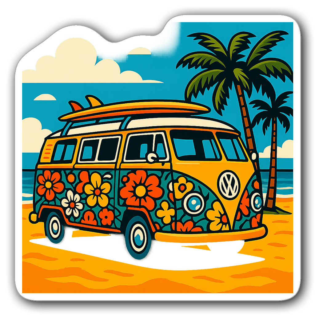 Retro van sticker with floral patterns parked on a beach