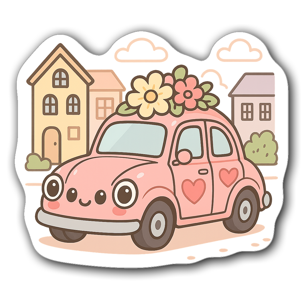 Kawaii chibi-style pink vintage car with flowers and hearts