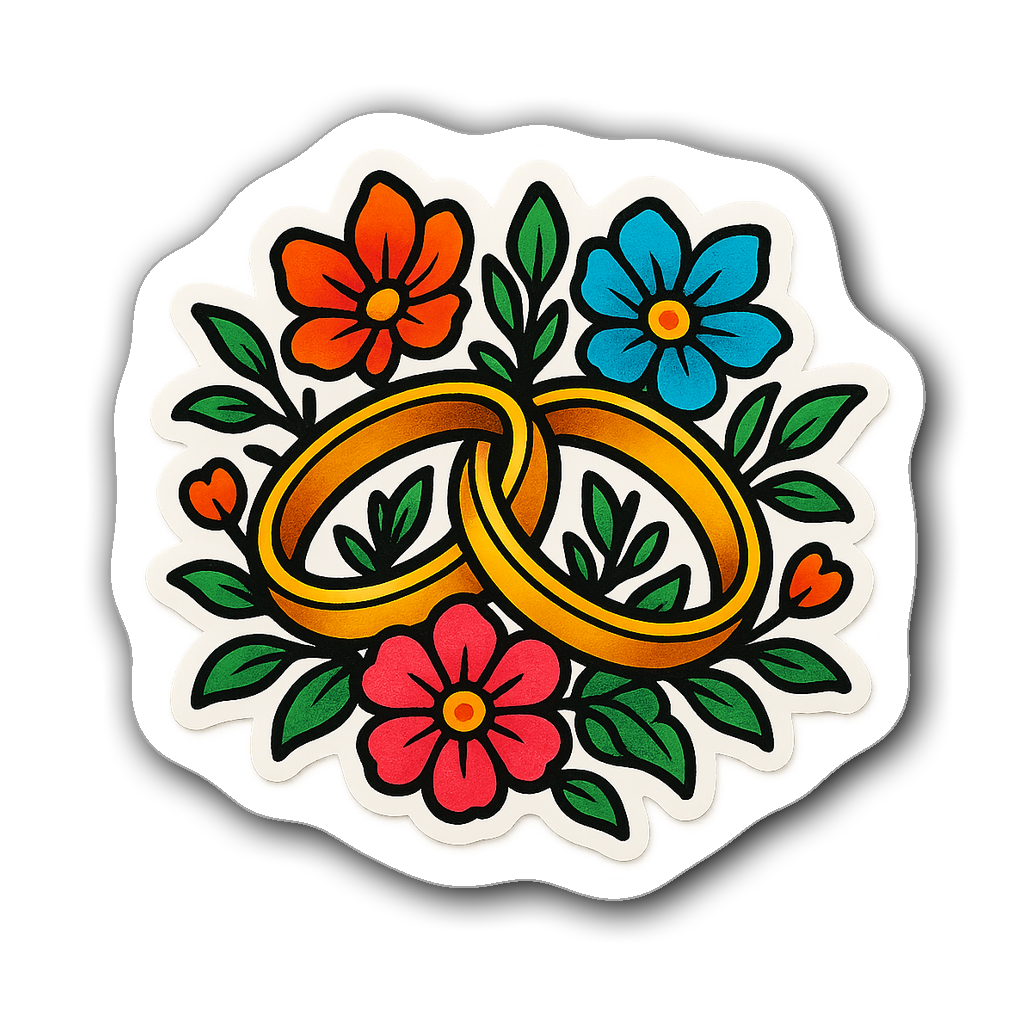 Vinyl sticker of intertwined wedding rings with floral designs