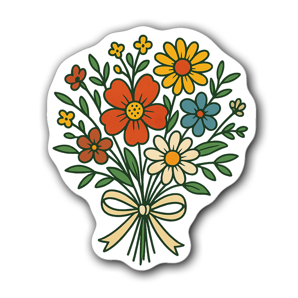 Vintage-style bouquet of colorful wildflowers with ribbon