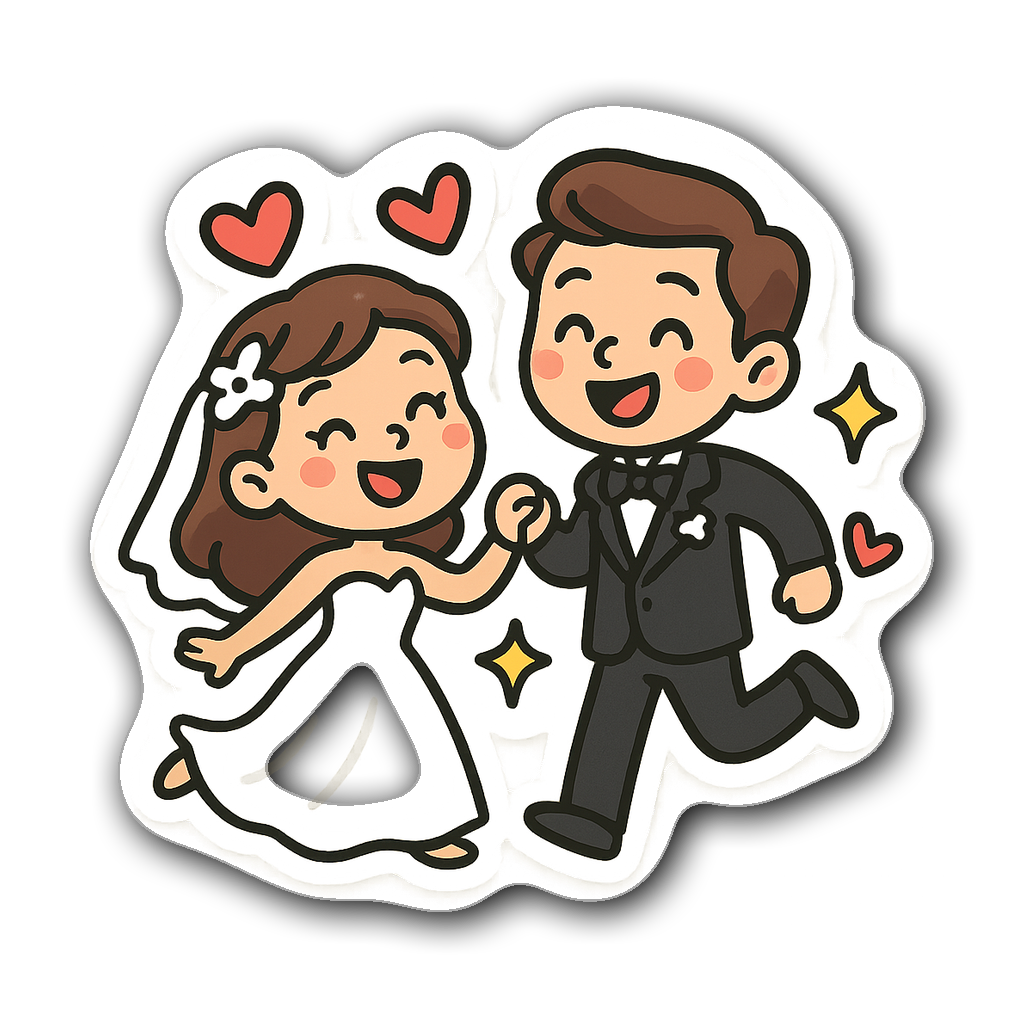 Cartoon bride and groom surrounded by hearts and stars sticker