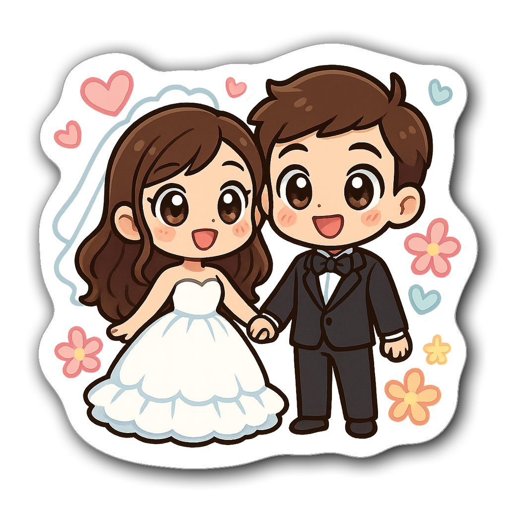 Cute chibi bride and groom holding hands with hearts and flowers