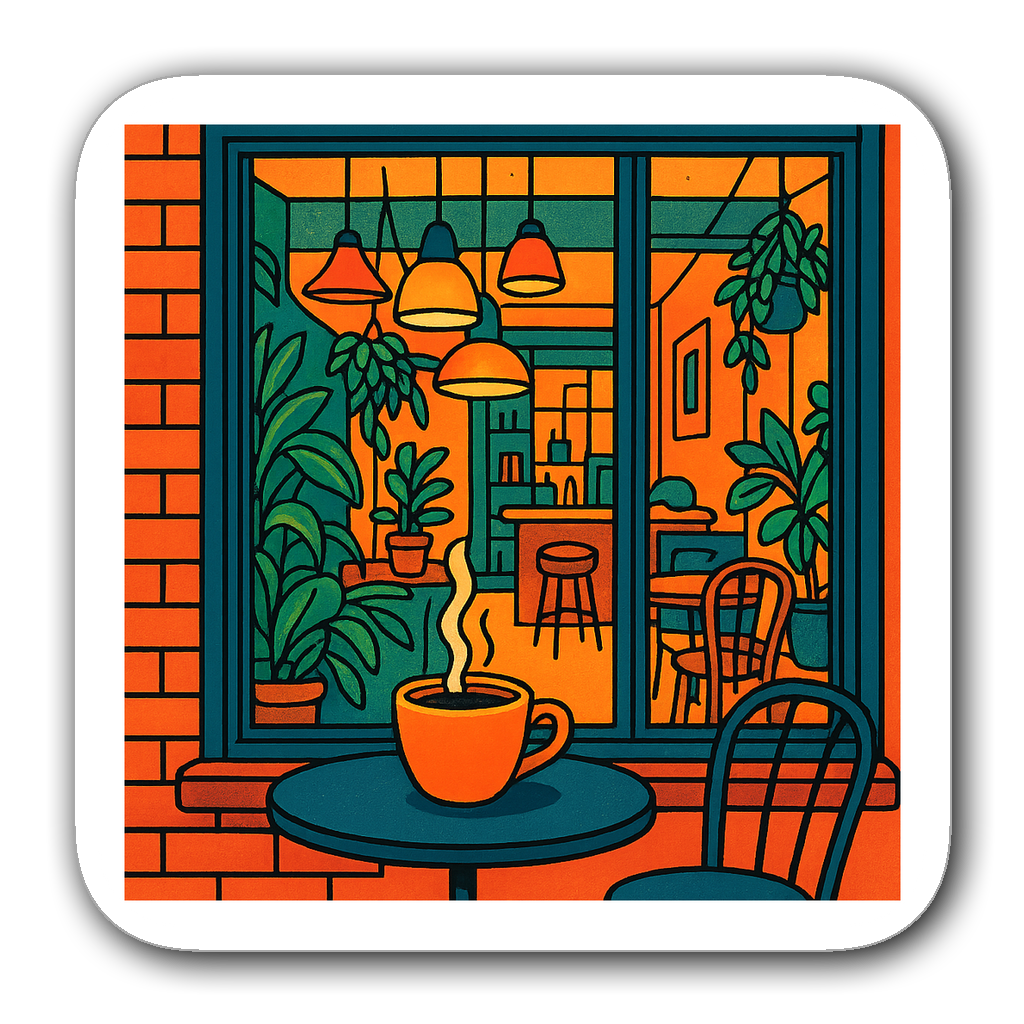 Vibrant window decal of a cozy café with plants and lights