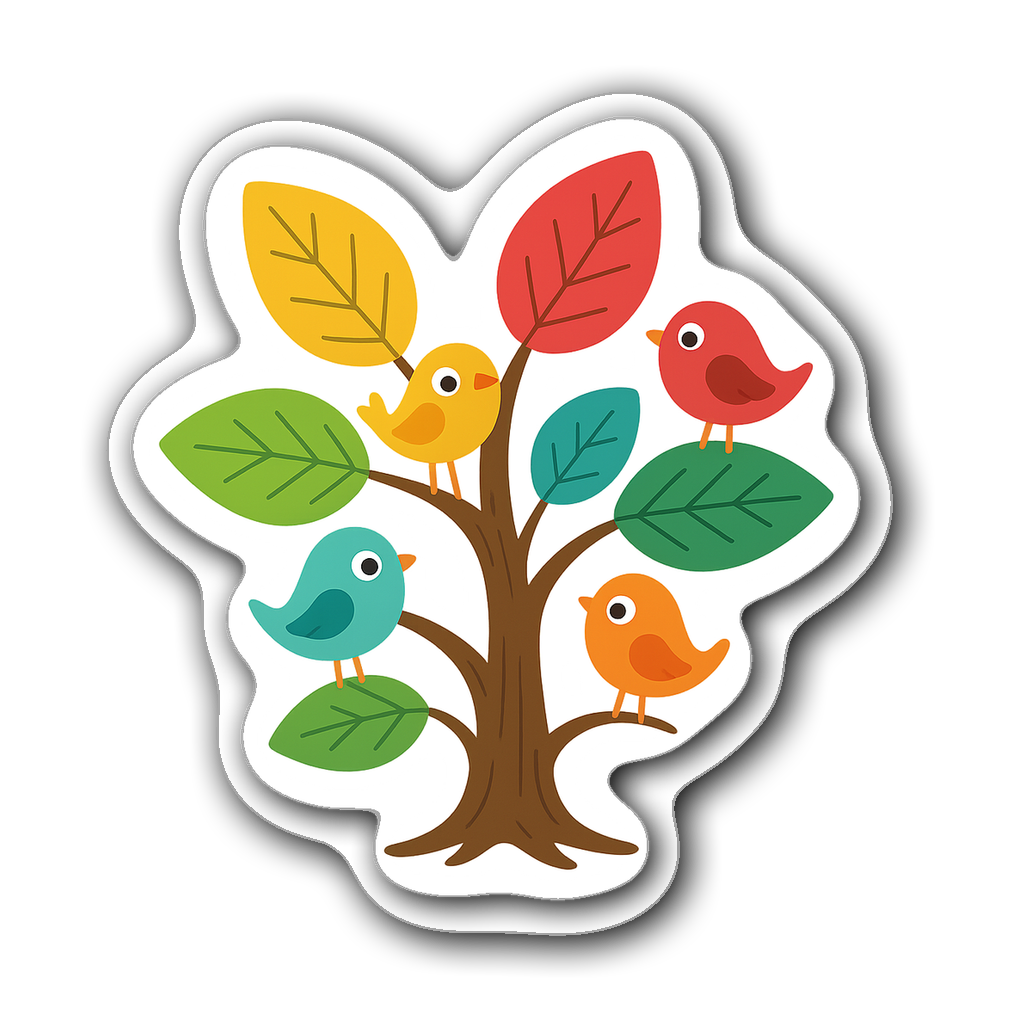 Colorful whimsical tree with birds for window decor