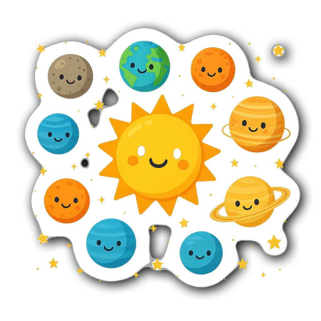 Bright solar system design with cartoon planets and sun