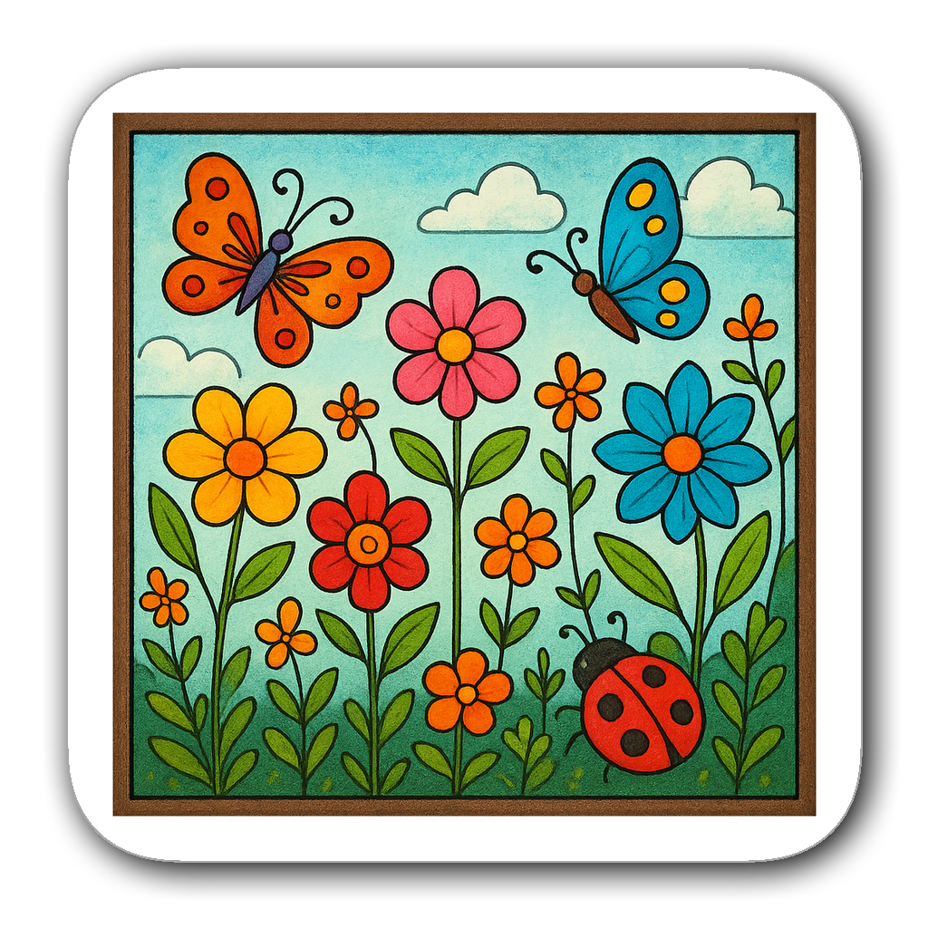 Charming outdoor garden scene with colorful flowers, butterflies, and a ladybug