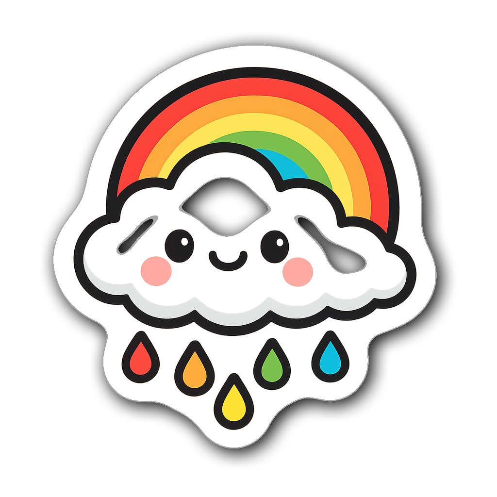 Cute kawaii chibi cloud with rainbow and raindrops