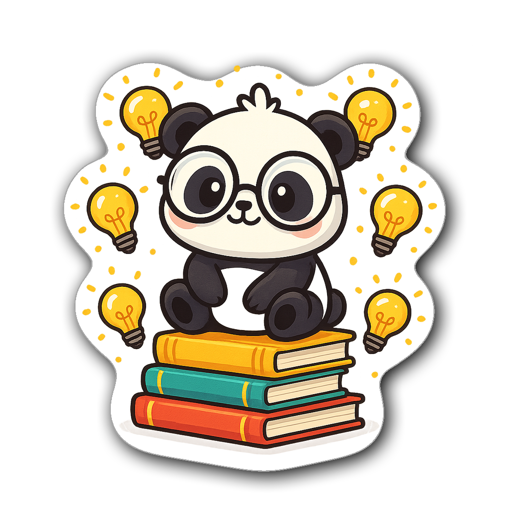 Chibi panda wearing glasses atop colorful books with lightbulbs