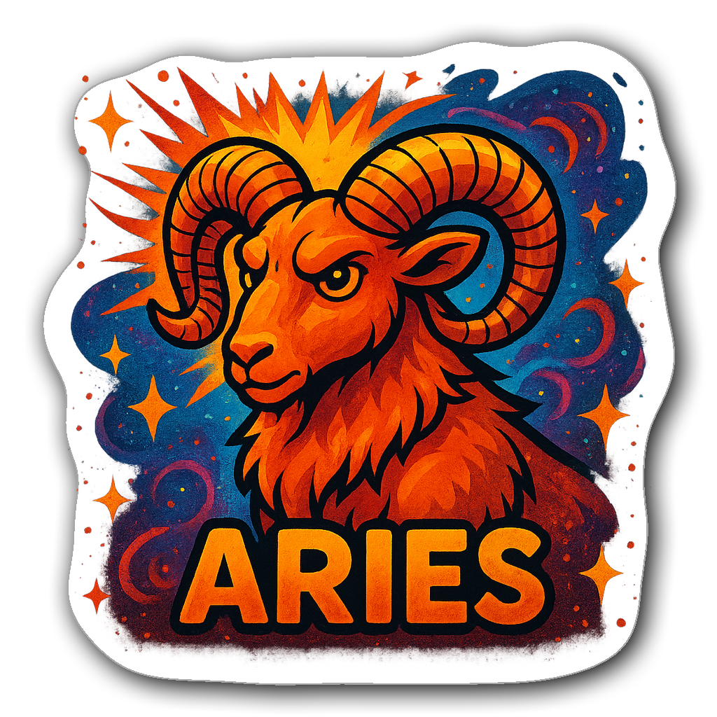 Vibrant Aries zodiac sign sticker with a cartoonish ram and stars.