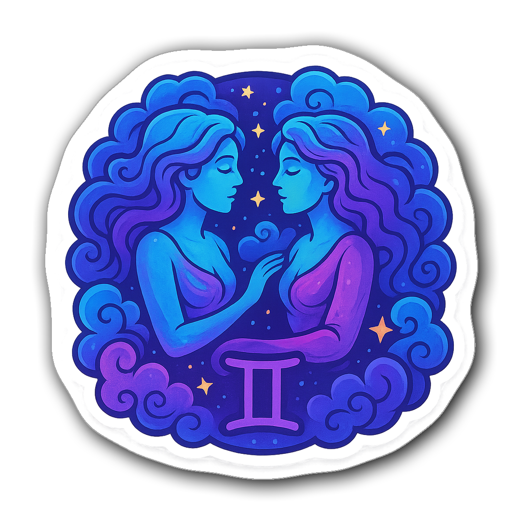 Colorful Gemini sticker design with twin figures and stars