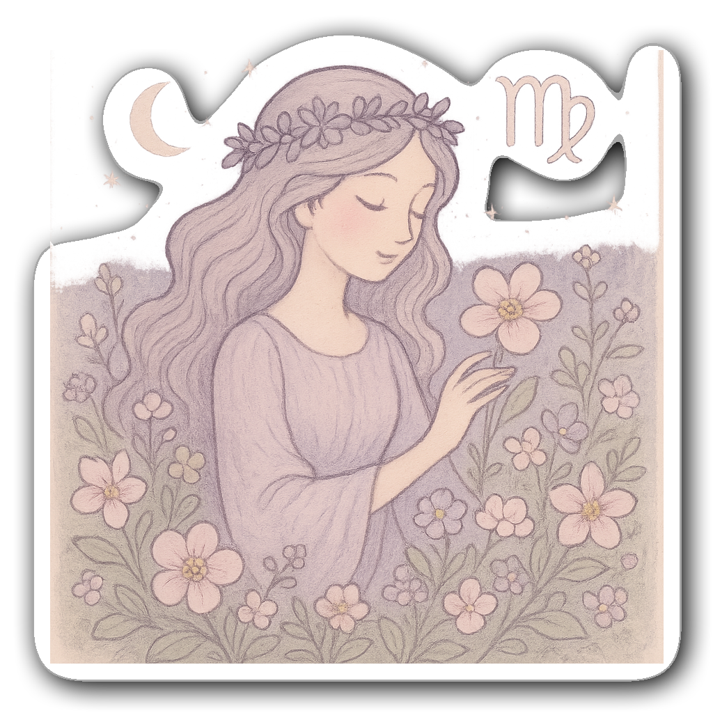 Whimsical Virgo zodiac illustration with flowers and stars