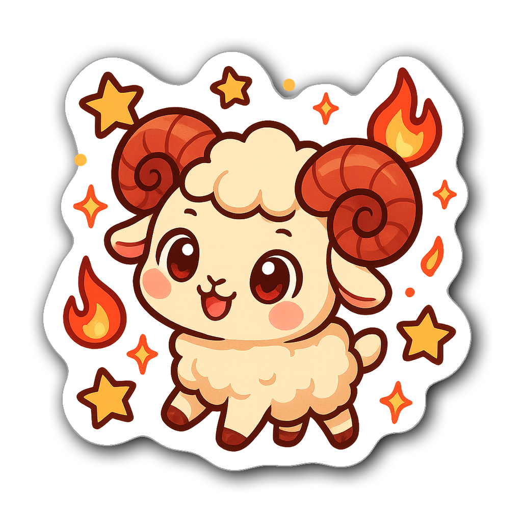 Kawaii chibi Aries character sticker with big eyes and stars