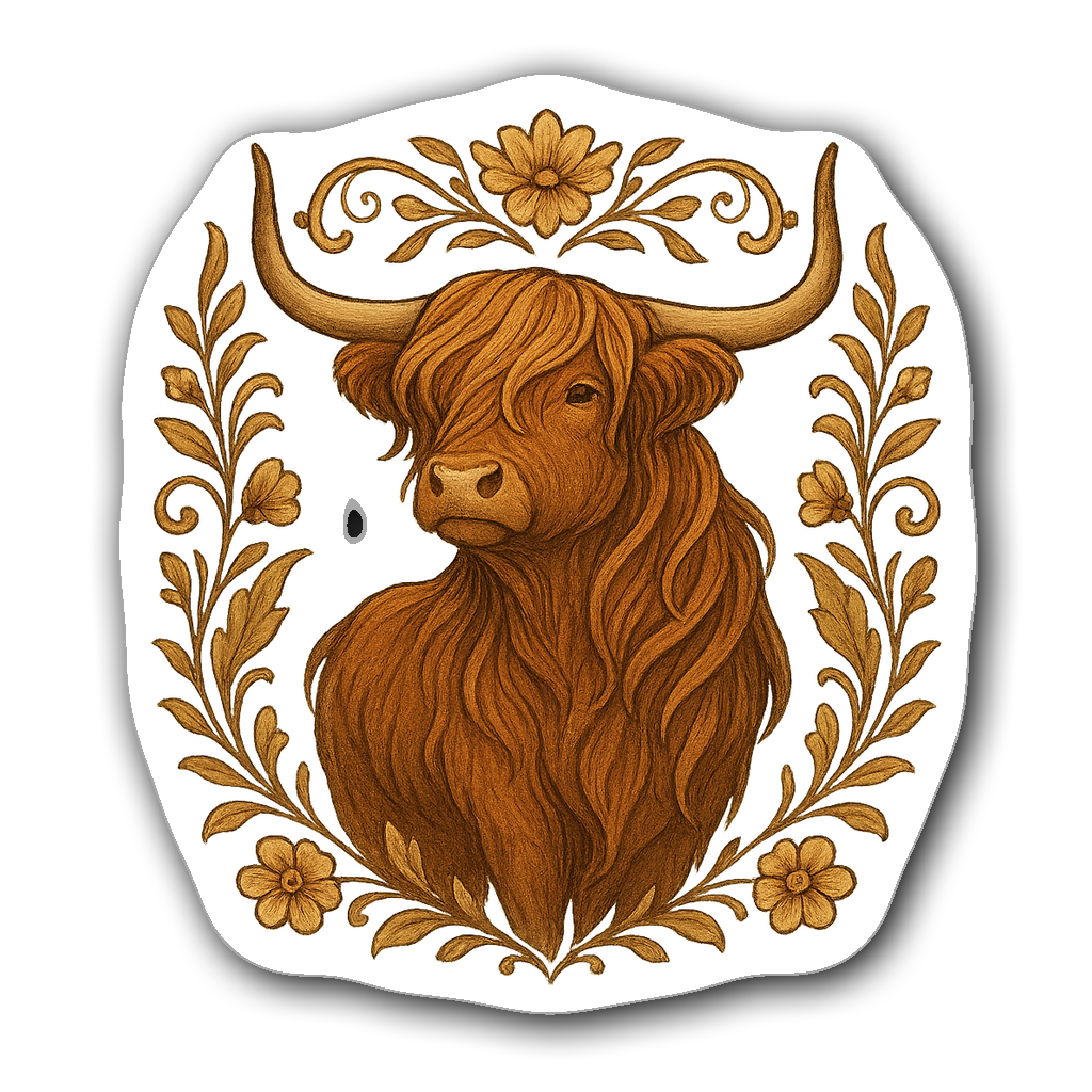 Highland cow sticker with floral frame in caramel and bronze shades