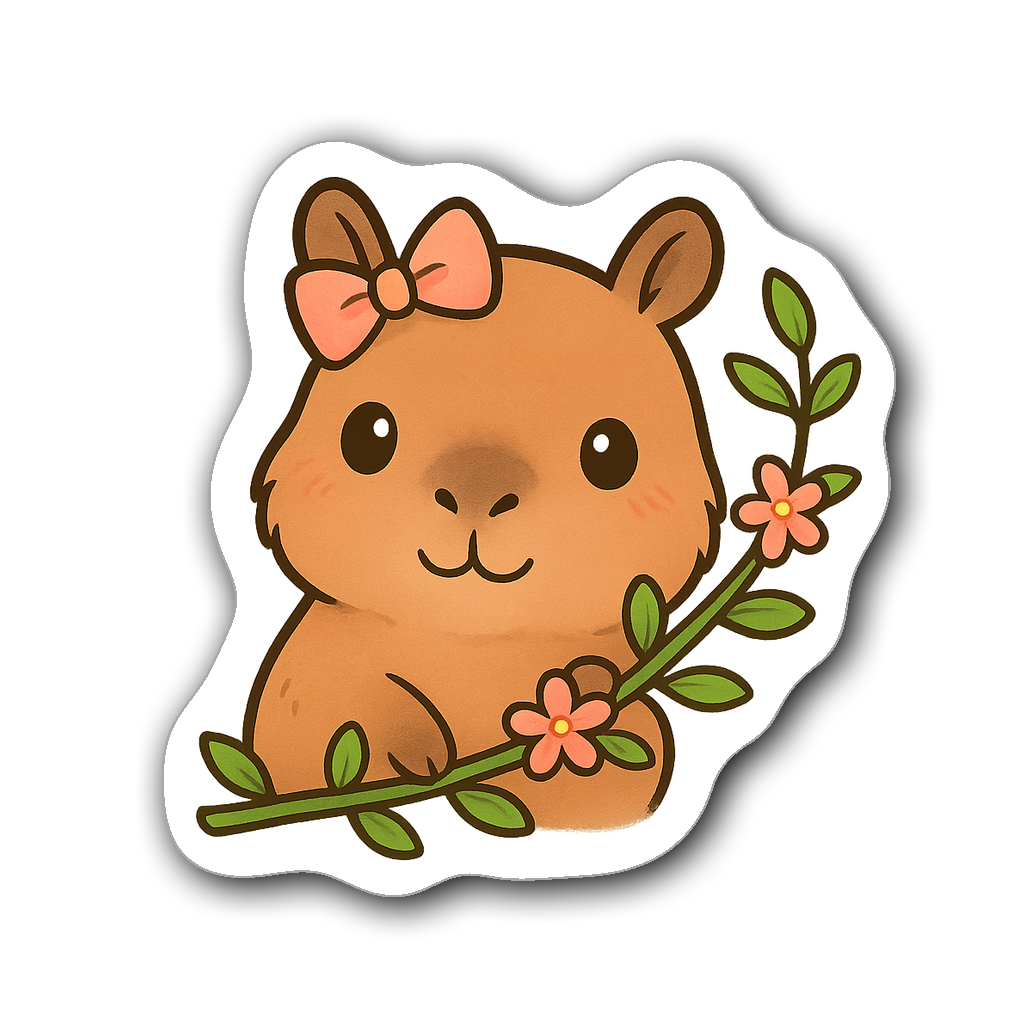 Chibi capybara with a bow peeking from behind vines and flowers