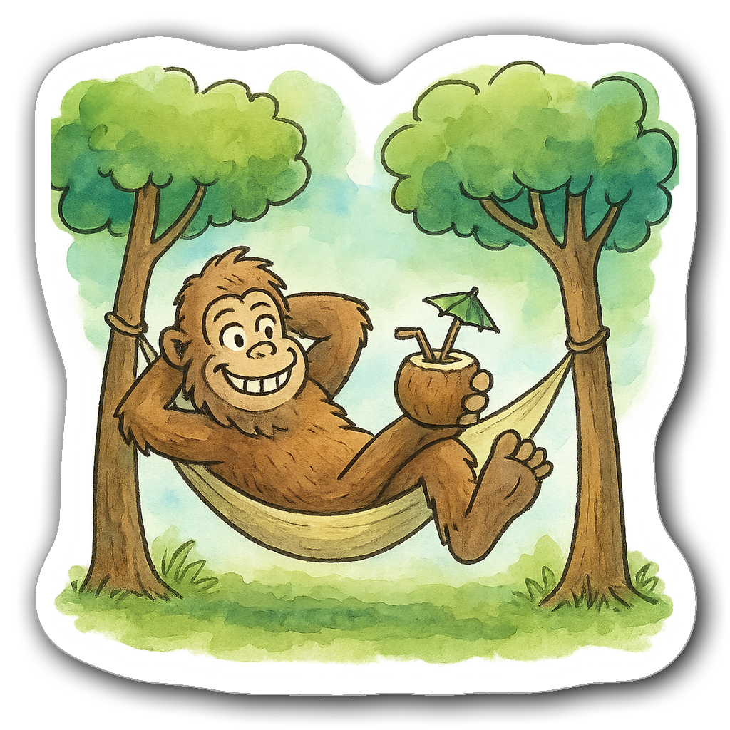 Cartoon Bigfoot in a hammock sipping a drink in nature