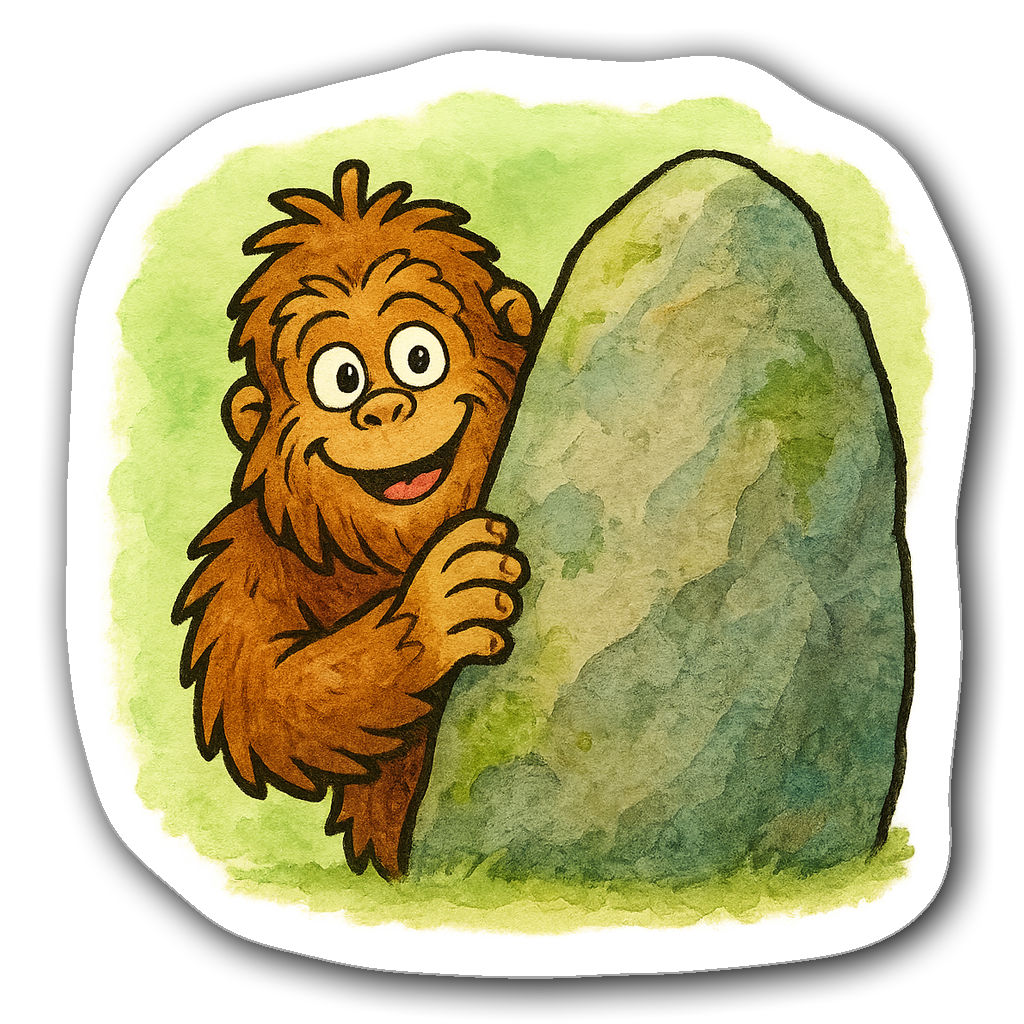 Playful bigfoot character illustrated in soft watercolor style