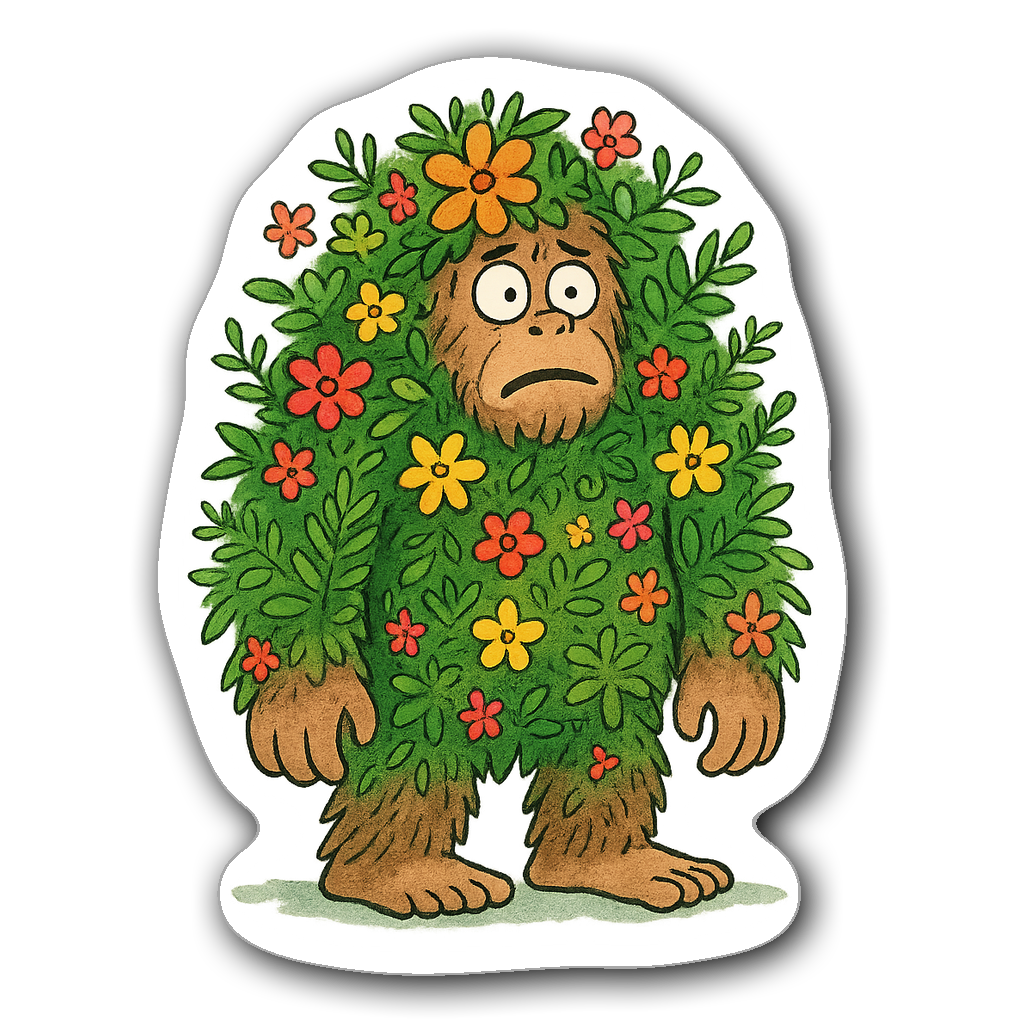 Bigfoot sticker illustrated in soft watercolor surrounded by flowers