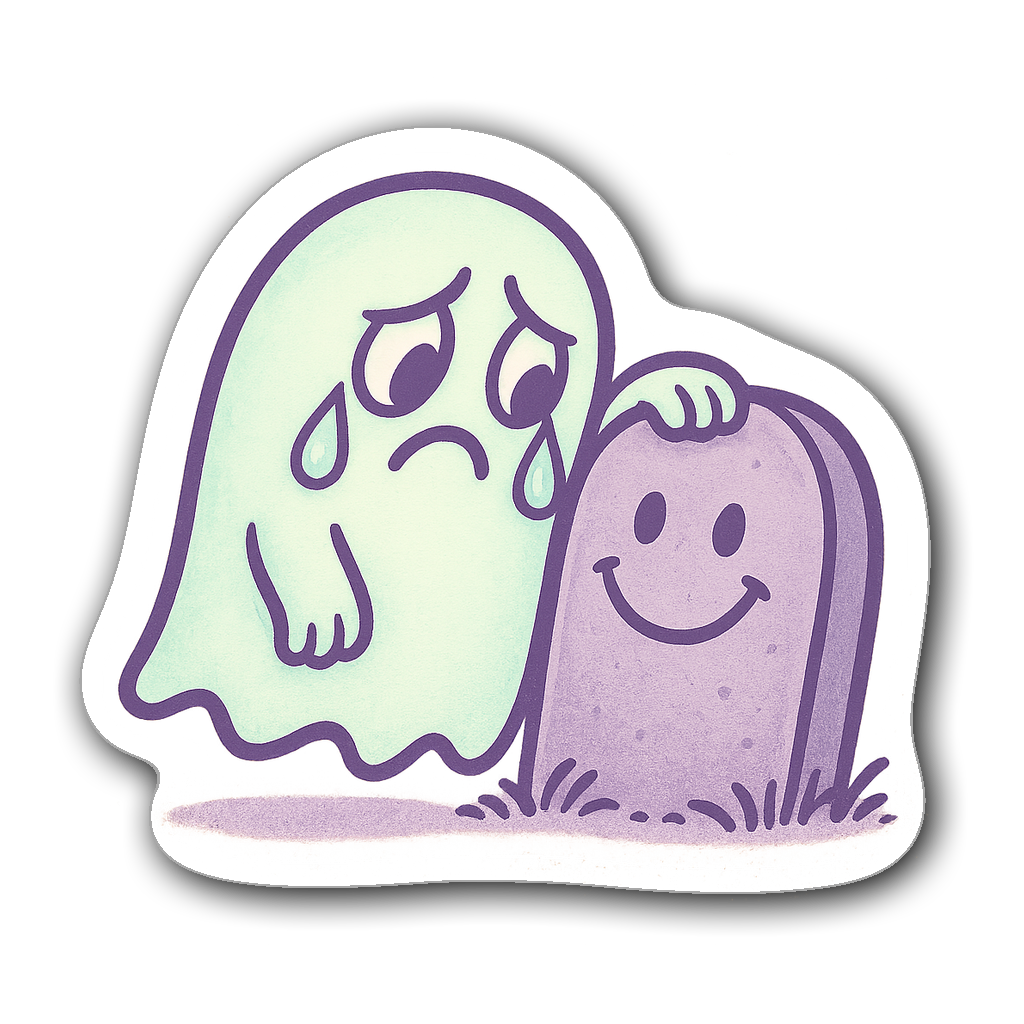 Sad-looking cartoon ghost with teardrops leaning on a tombstone