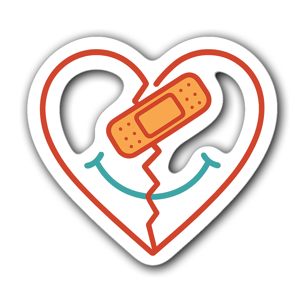 Sarcastic sticker of a broken heart with a band-aid and smile