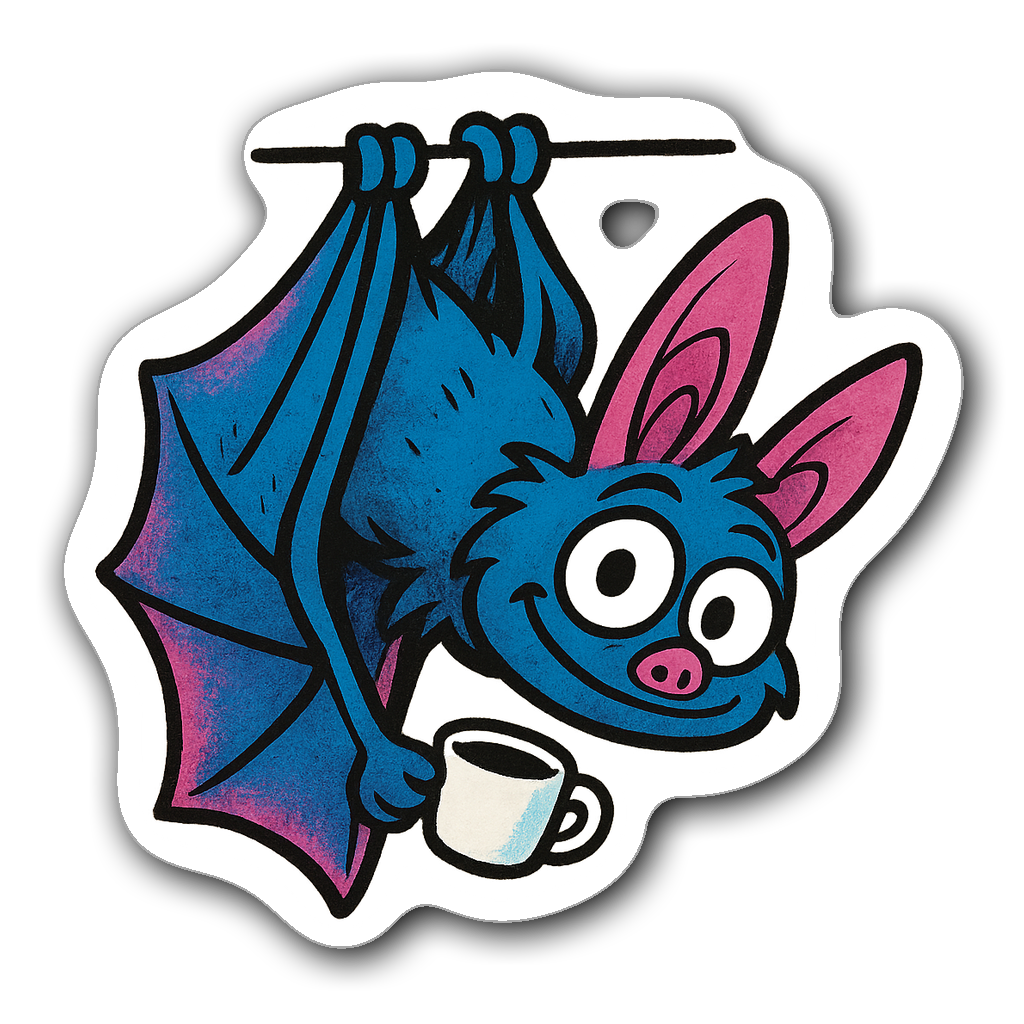 Quirky bat hanging upside down with coffee cup