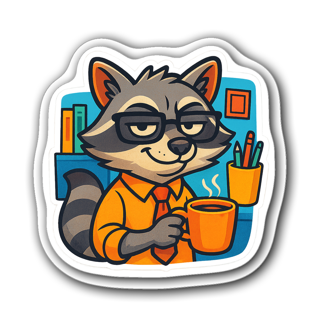 Cartoon raccoon wearing a tie and glasses, sipping coffee.