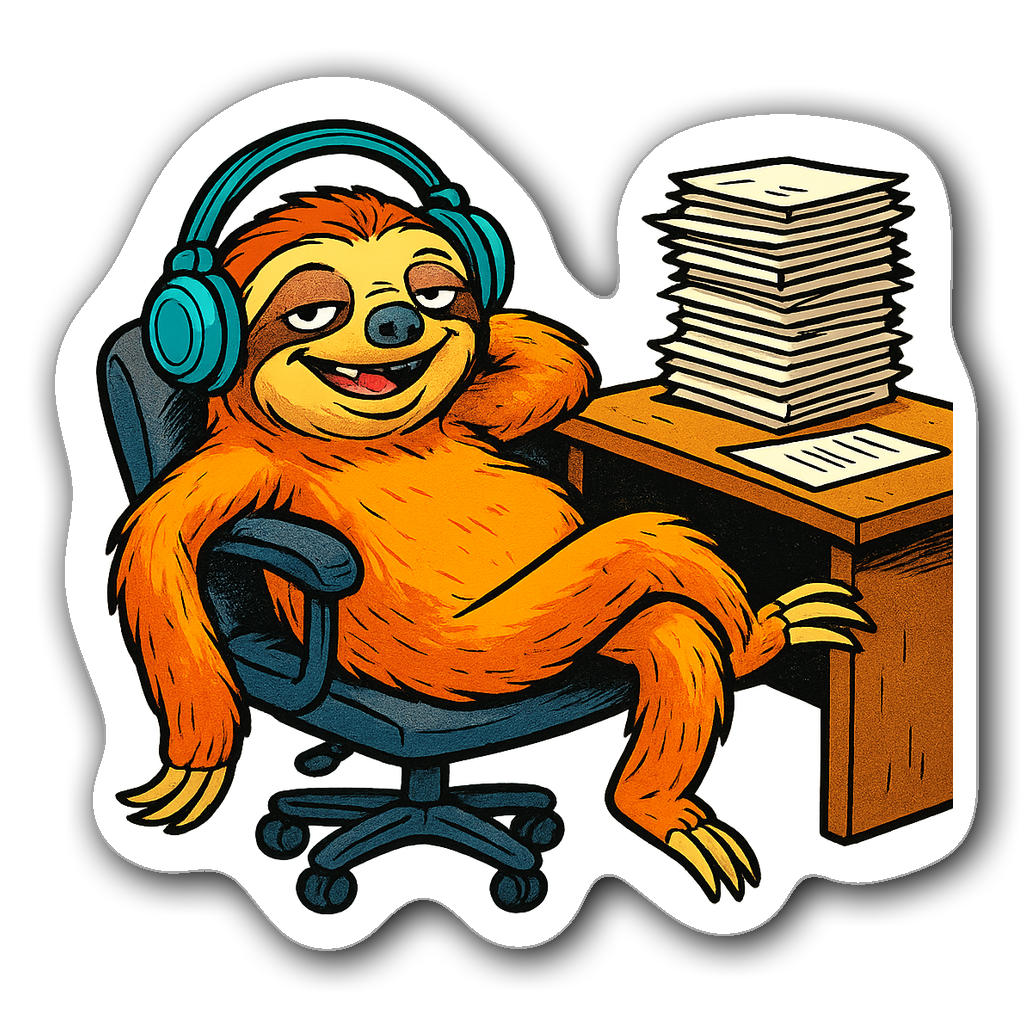 Comic-style sloth lounging in office chair with headphones