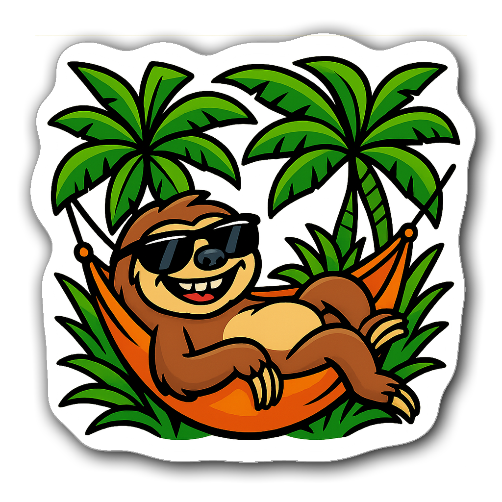 Cartoon sloth in hammock wearing sunglasses with palm leaves