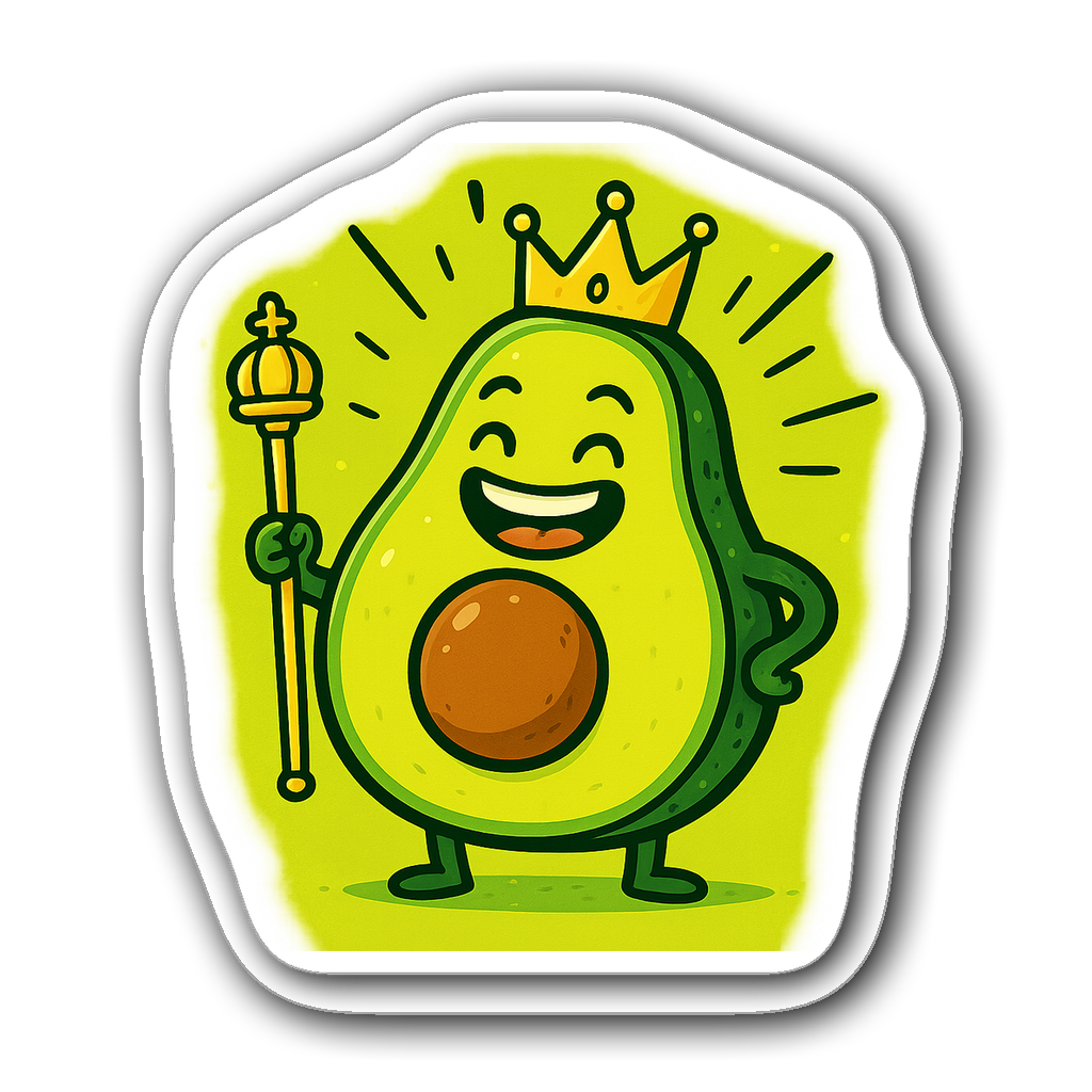 Funny animated avocado sticker with crown and scepter