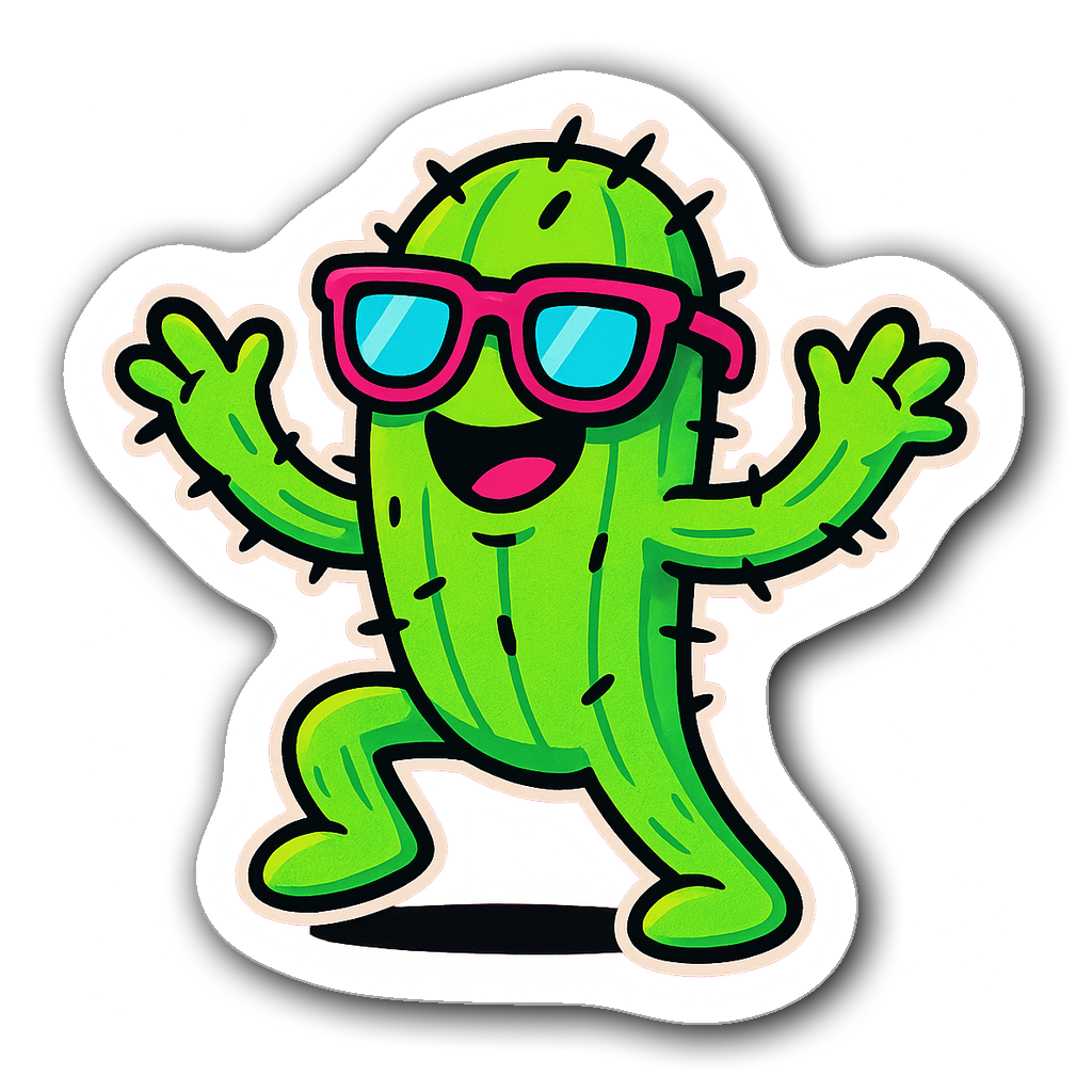 Funny anthropomorphic cactus in sunglasses cartoon sticker