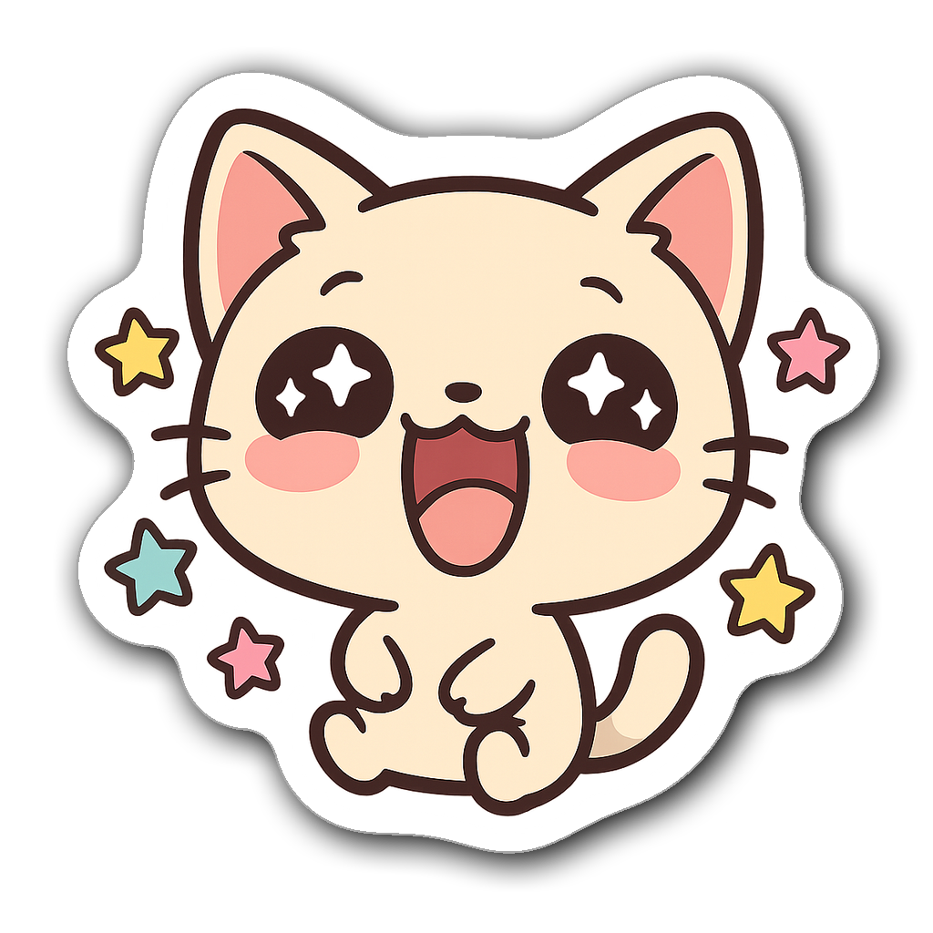 Kawaii chibi laughing cat meme with big eyes and stars