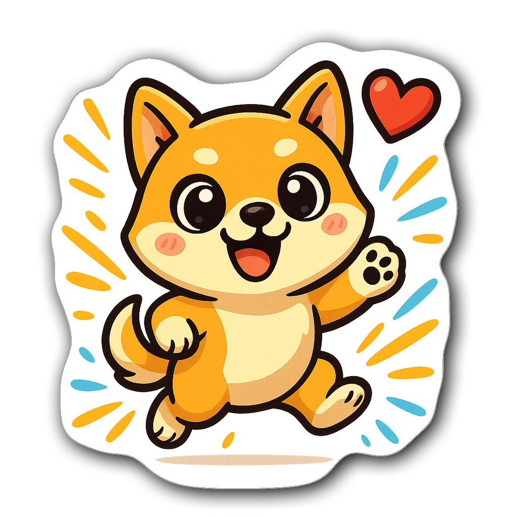Excited chibi dog meme sticker with oversized eyes and heart