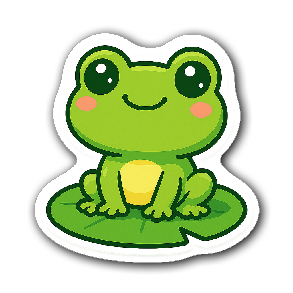 Happy frog kawaii chibi sticker sitting on a lily pad