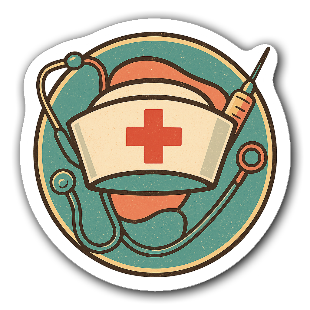 Vintage nurse badge with cap and medical tools in pastel