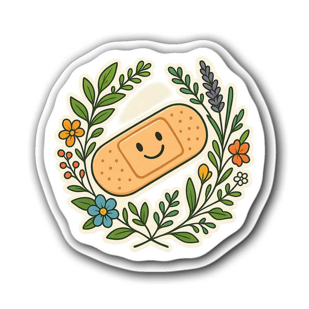 Retro nurse vinyl sticker featuring a band-aid and medical plants