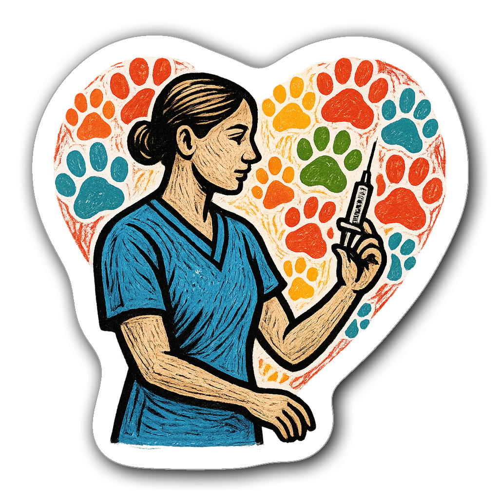 Artistic sticker of a veterinary nurse with a heart made of paw prints
