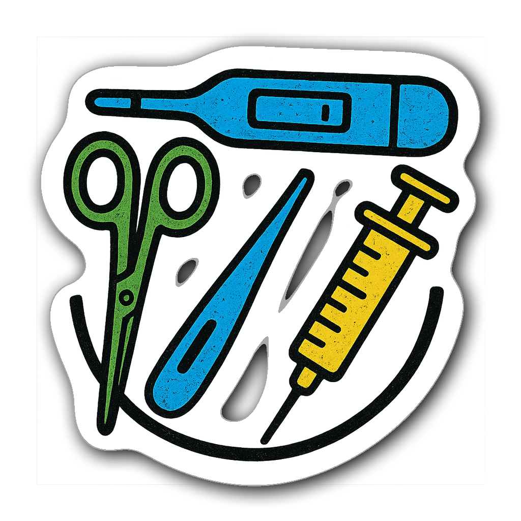 Linocut design of various veterinary tools in bright colors